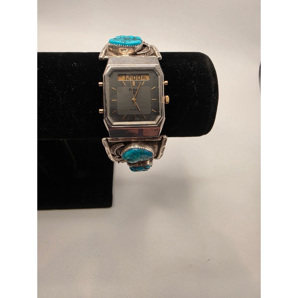 Vintage Pulsar V031-5080 Ana-Digi Watch Sterling Silver Turquoise Cuff Signed
